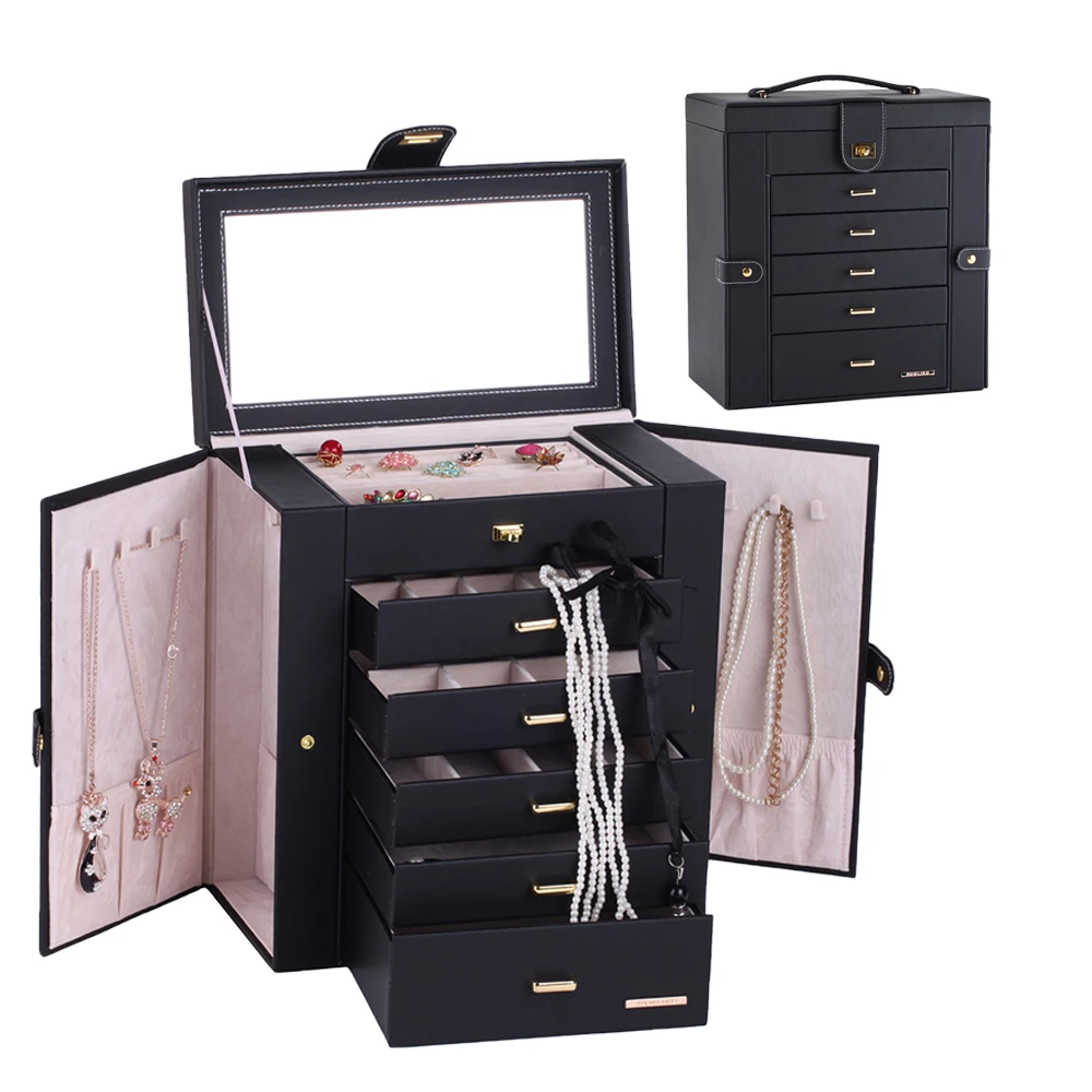Large Jewelry Box Earrings Rings  Armoire Storage Case Black White Pink  Leather Trinket Organizer