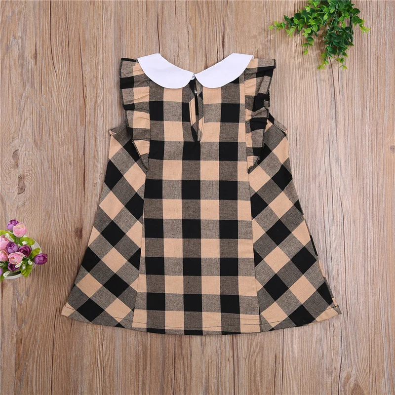 

2-7Years Little Girls Cotton Dress,Children Cute Plaid Pattern Doll Collar Fly Sleeve Back Button Princess Skirt for Baby Girls