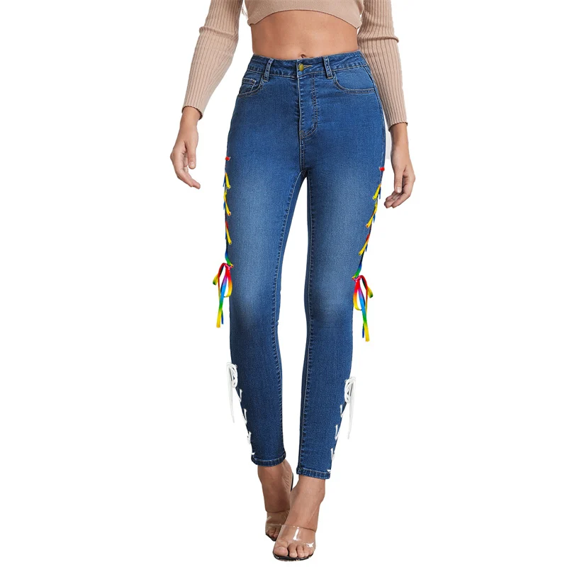 

Fashion Lady Creative Strappy Narrow Leg Jeans New High Waist Skinny Women Pants Hollow Out Lace Up Slim Pencil Denim Trousers