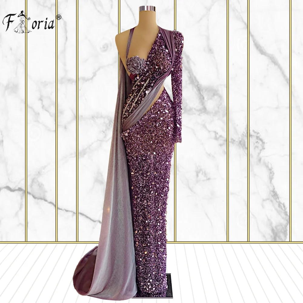 

Luxury Purple Beads Arabic Mermaid Evening Gown With Wrap One Long Sleeve African Woman Wedding Party Prom Dress Abendkleider