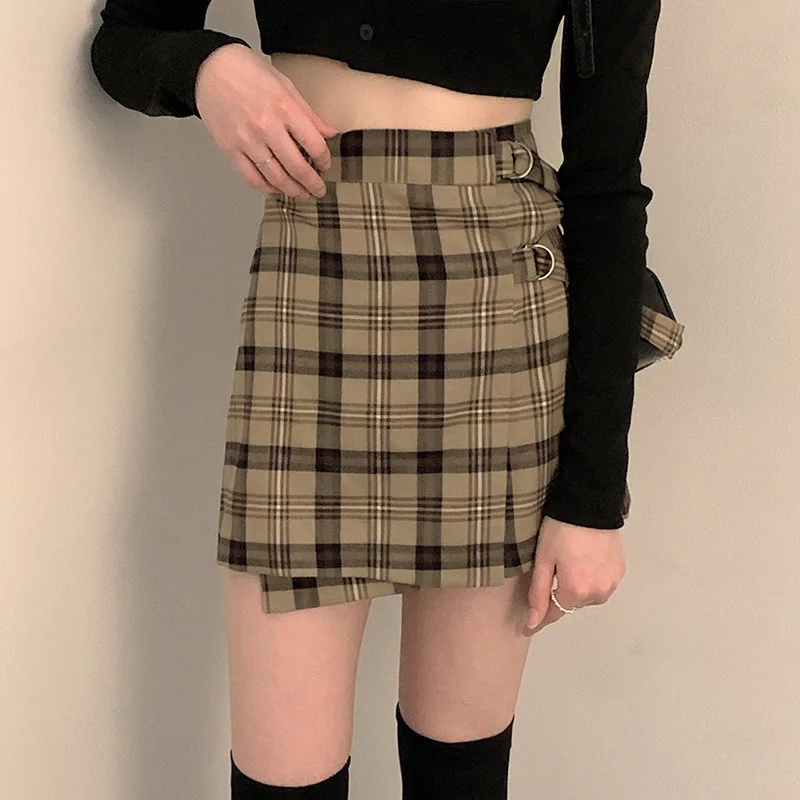 

Autumn Women Casual Retro Plaid A-line Skirt Ladies Female Sexy Vintage Printed High Waisted Skirt with Streamers Streetwear