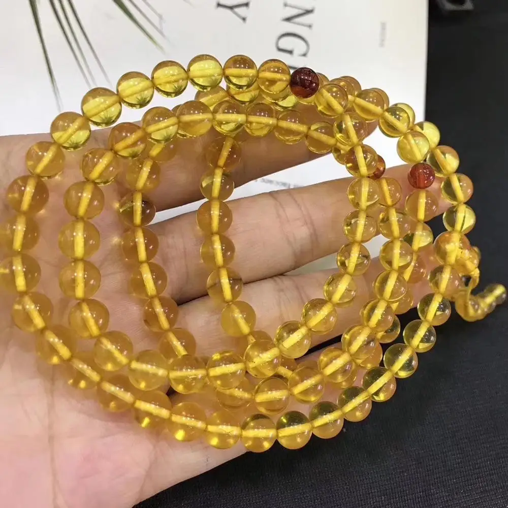 

7.4mm Natural Gold Yellow Amber Women 108 Prayer Round Beads Bracelet Crystal Stretch Bracelet Jewelry Genuine AAAAA