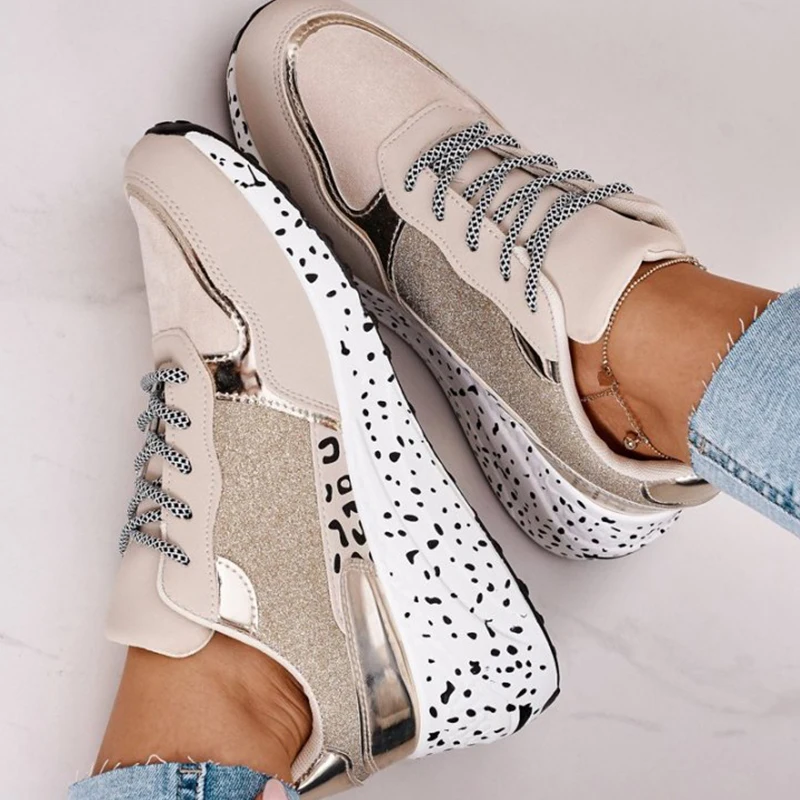 

Women's Sneakers Platform Casual Shoes Women Vulcanize Shoes Leopard Ladies Running Shoes Sport Silver Lace-Up Female Sneakers