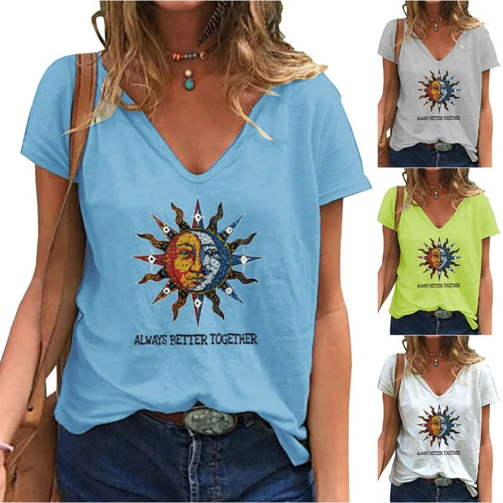 

Women Summer Sun Print V Neck Loose T-Shirt Casual Short Sleeve Tee Tops Blouse
