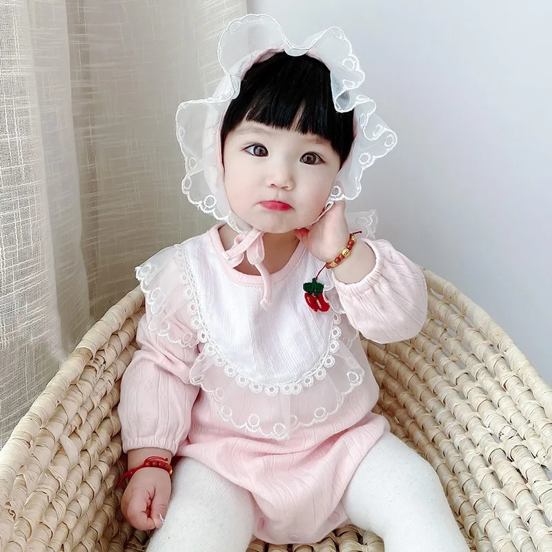 

Children's Clothing 2021 Spring And Autumn Baby's One-piece Clothes Sakura Lace Baby's Hooded Triangle Hat Baby's Clothes