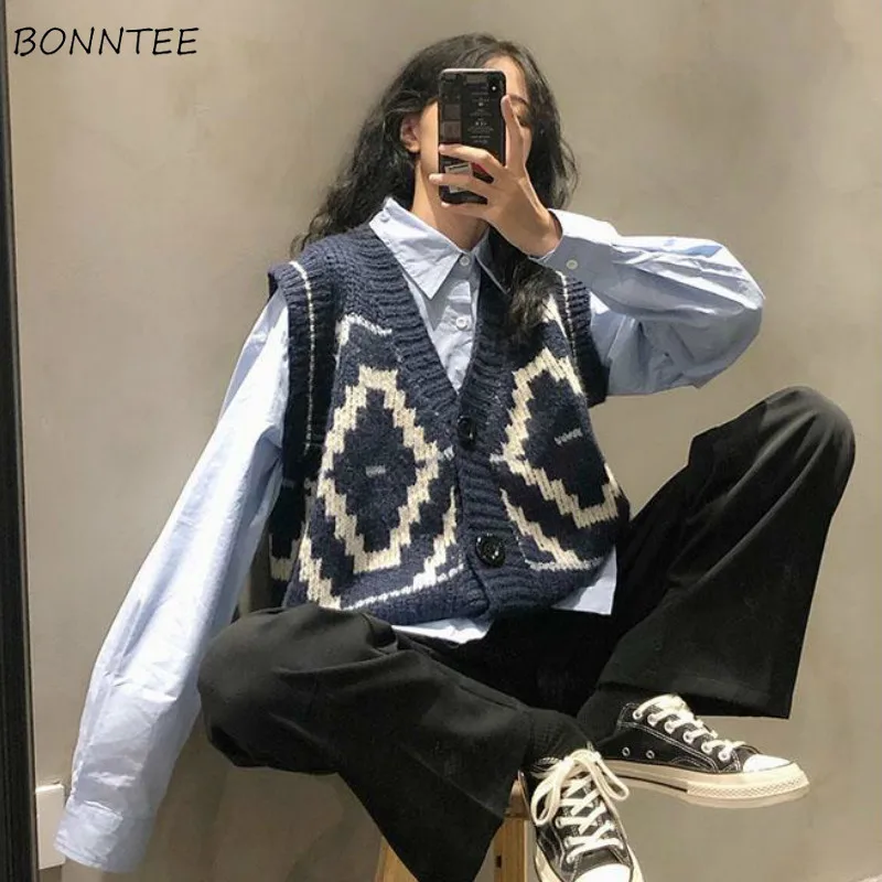 

Vests Women Retro Chic Argyle Single Breasted Harajuku Preppy Girls Sleeveless Outwear All-match Korean Fashion Female Clothing