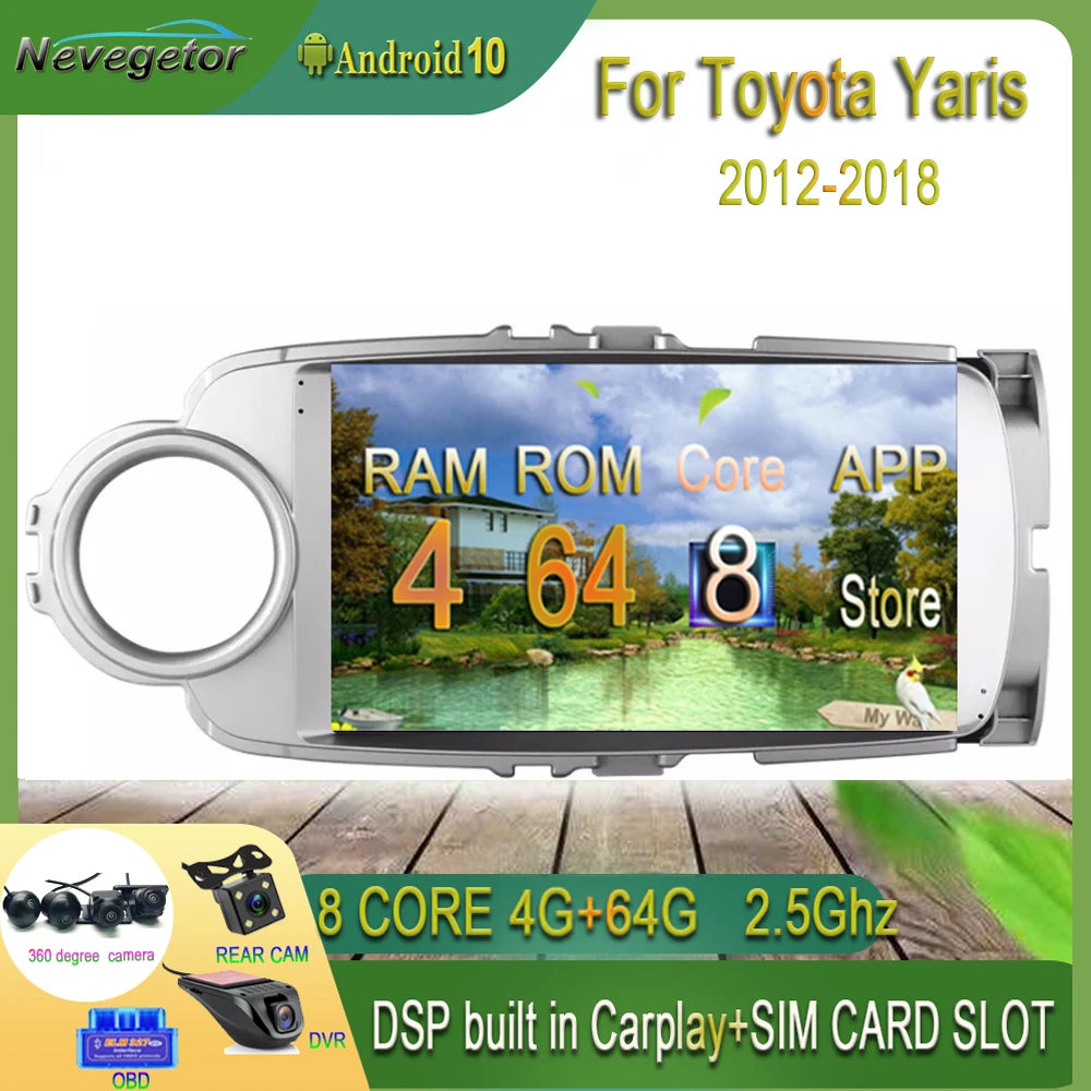Автомобильный DVD плеер 4 Гб + 64 ГБ 2din Android 10 GO для Toyota Yaris 2012 2013 20014 2015 2016 2017