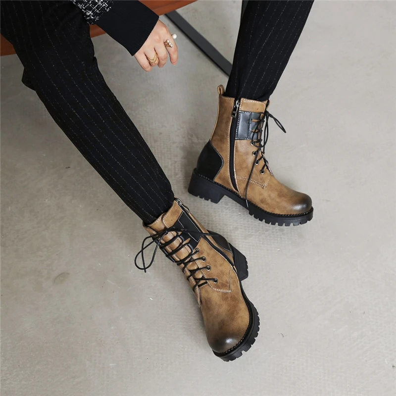 

Brand Leather Women's Autumn Boots Woman Lace Up Winter Platform Shoes Motorcycle Boots Ladies Casual Fashion Footwear 2021 New