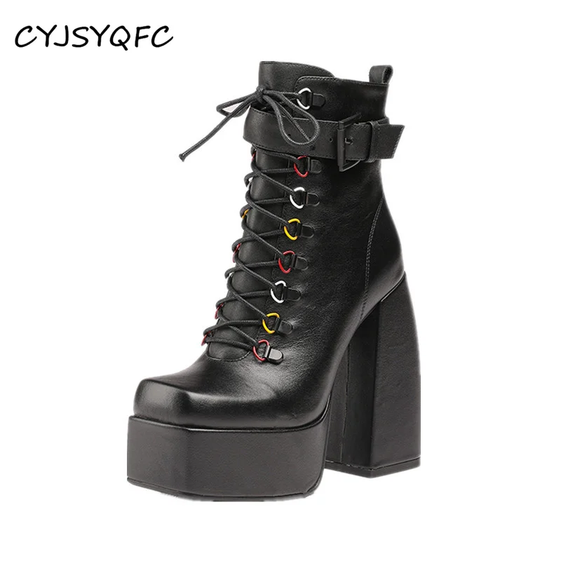 

CYJSYQFC Autumn Winter Black Genuine Leather Cross Lace Up Platform Women Ankle Boots Belt Buckle Square Toe Chunky Heel Boots