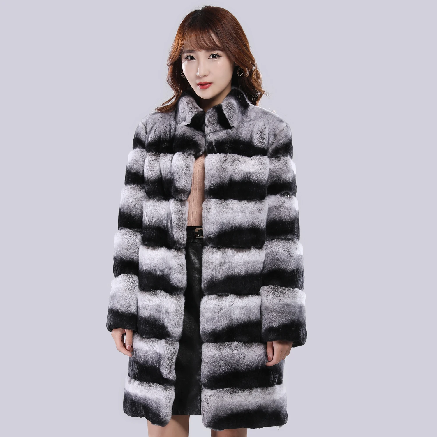 Женское зимнее меховое пальто из натурального меха кролика Рекс Шиншиллы теплые
