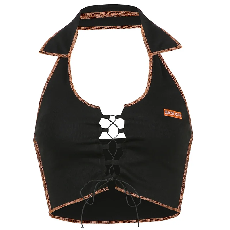 

Street Trend Women's Lapel Neck Hollow Lace-up Backless Slim Vest Jacket 2021 New