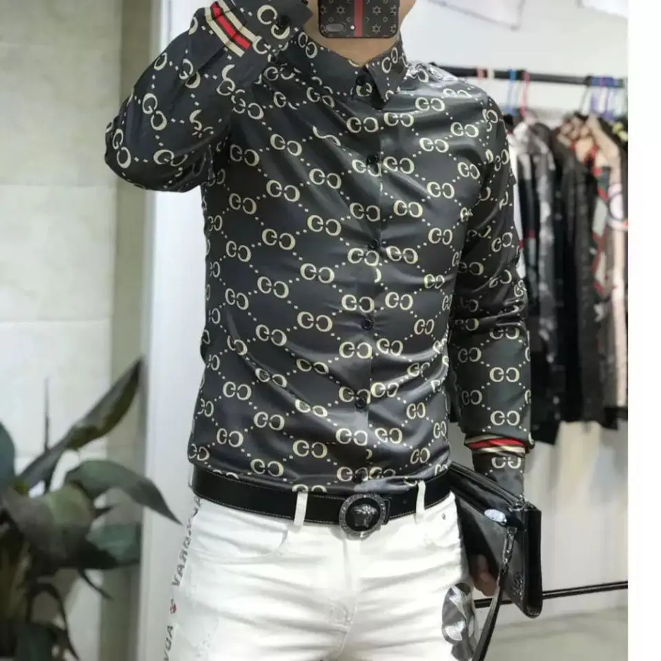 

Autumn Europe Station MEN'S Long Sleeve Shirt Floral Fashion Handsome Leisure Trend Light Luxury Fashion Brand High End Shirt Me