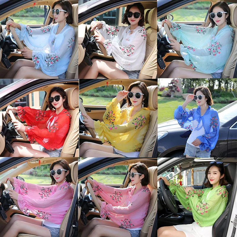 

Summer Floral Printed Women Shawls Outdoor Driving Sunscreen Shawls Breathable Chiffon Scarf Female Ruffles Long Sleeve Poncho