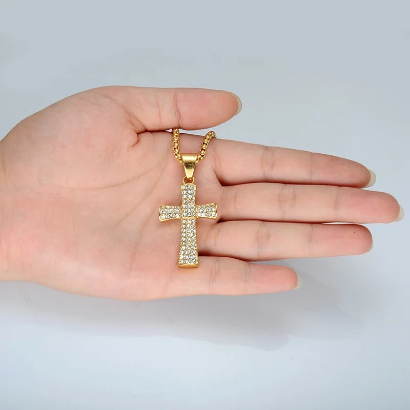 

HIP Hop Gold Color Stainless Steel Bling Iced Out Rope Chain Cross Pendants & Necklaces for Men Jewelry