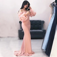 pink mermaid prom dress fairy off the shoulder party gown long plain evening dress puffy sleeves with flowers formal dress