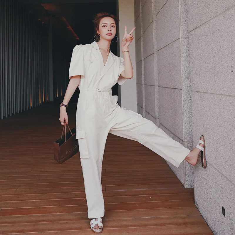 С отложным воротником в стиле ретро талии Комбинезоны прямого силуэта Для женщин