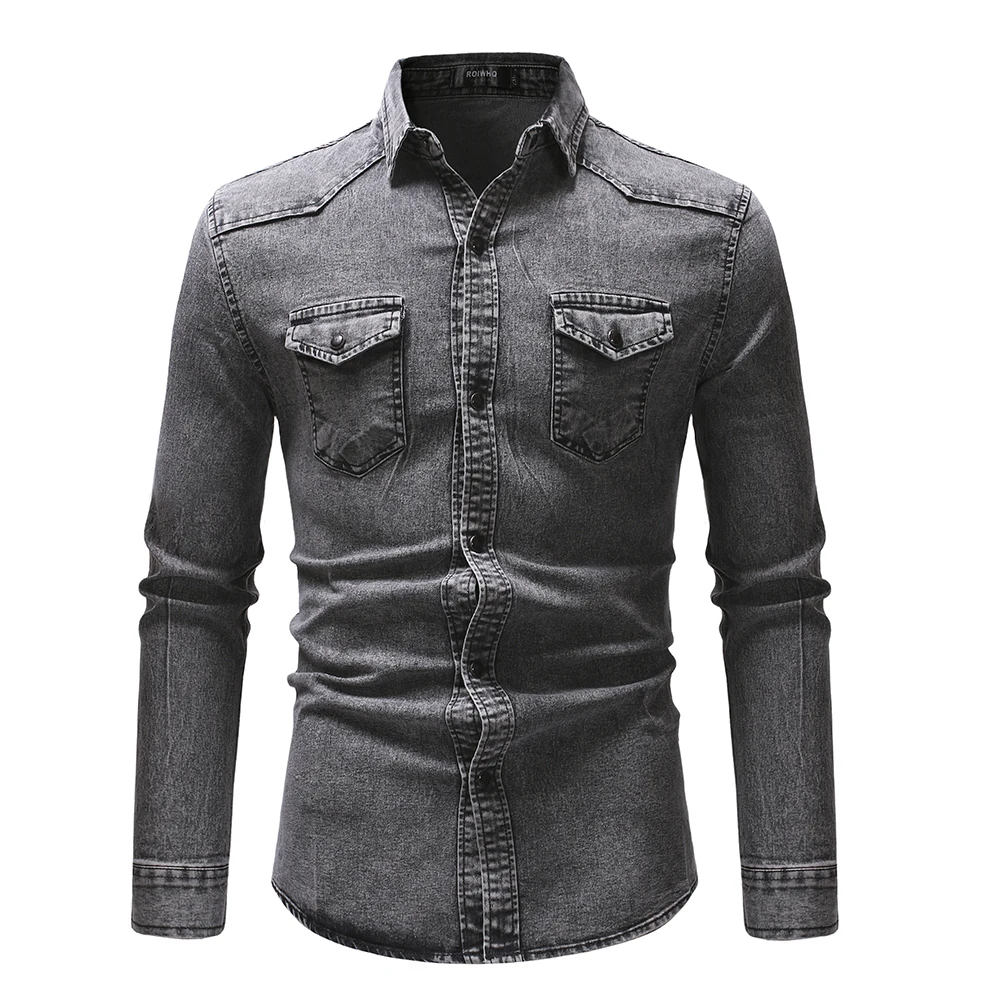 

Brand Denim Shirt Men Slim Fit Long Sleeve Casual Shirts 2020 Korean Washed Double Pocket Jean Blouse Camisa Masculina Asian Siz