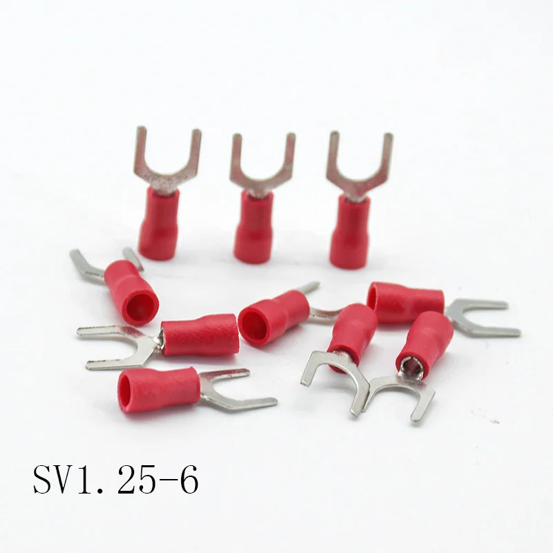 50pcs SV1.25-6 50 шт. SV1.25-3/4/5/6/8 красный Furcate терминал кабель провод разъема Изолированные Наконечники провода электрические выступ обжимной терминал SV1-3 - Цвет: 50pcs SV1.25-6