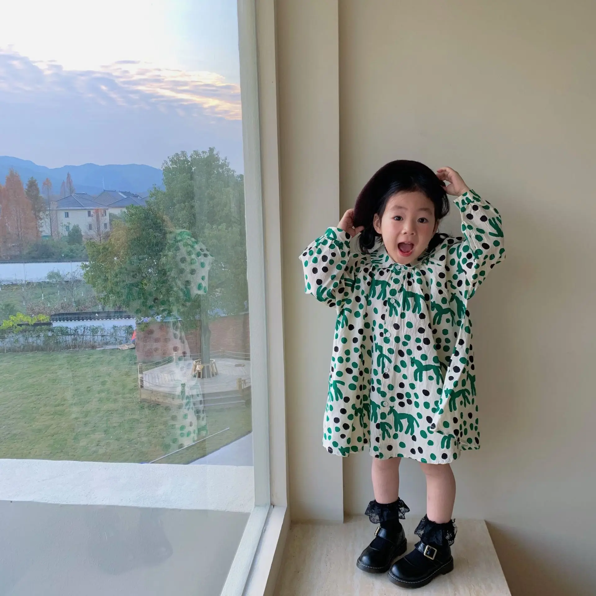 

2021 Spring New Kids Dress for Girl Children Polka Dot Long Sleeve Lapel Elegant Princess Dress 2 3 4 5 6 7 Girls Clothes