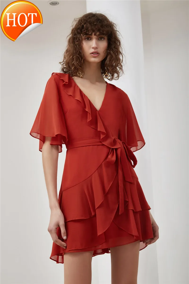 

high end customized Australian designer V-neck Ruffle irregular summer cake skirt