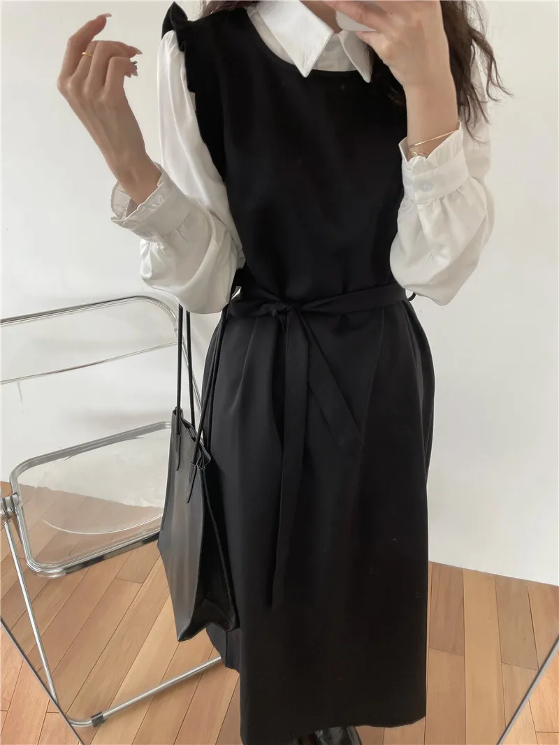 

2021 New Spring Autumn Women Dress High Waist Solid color Vest Sleeveless Vintage Buttons Lace Up Bow Slit Casual Dress