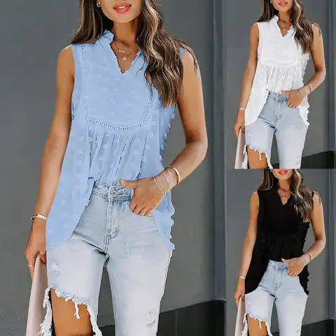 Women's Summer Sleeveless Polka Dot Bohemian Shirt Flowy Tunic Top Casual Blouse Spring Summer 2021 Women Fashion Casual Blouse