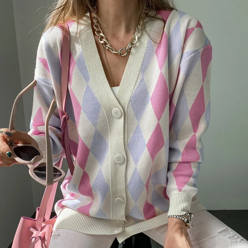 Женский кардиган WENYUJH с узором ромбиками осенние свитера в стиле преппи пальто