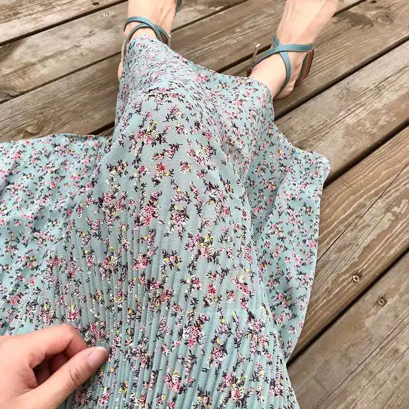 JuneLove Women Floral Print Pleated Long Maxi Skirt Vintage Elastic High Waist Boho Skirts Summer Elegant Female Holiday Bottoms | Женская