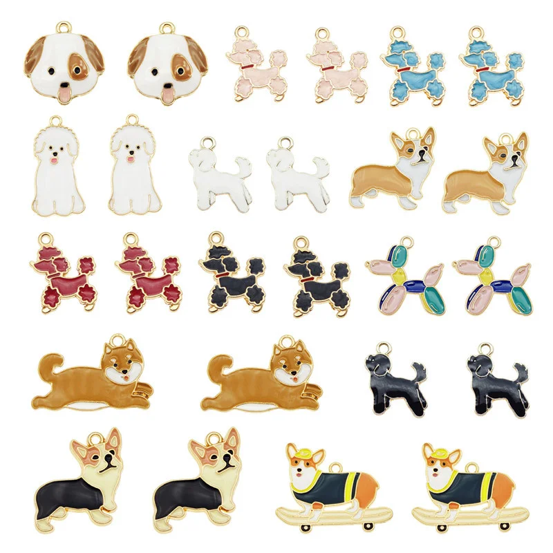 Julie Wang 13PCS Enamel Dog Charms Mixed Corgi Poodle Teddy Shiba Alloy Animal Pendants Jewelry Making Necklace Accessory |