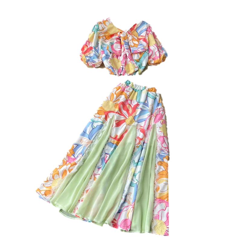 

2021 Summer New Fashion Temperament Suit Age Reduction V-neck Puff Sleeve Short Top Printed Skirt Two-piece Suit GL315
