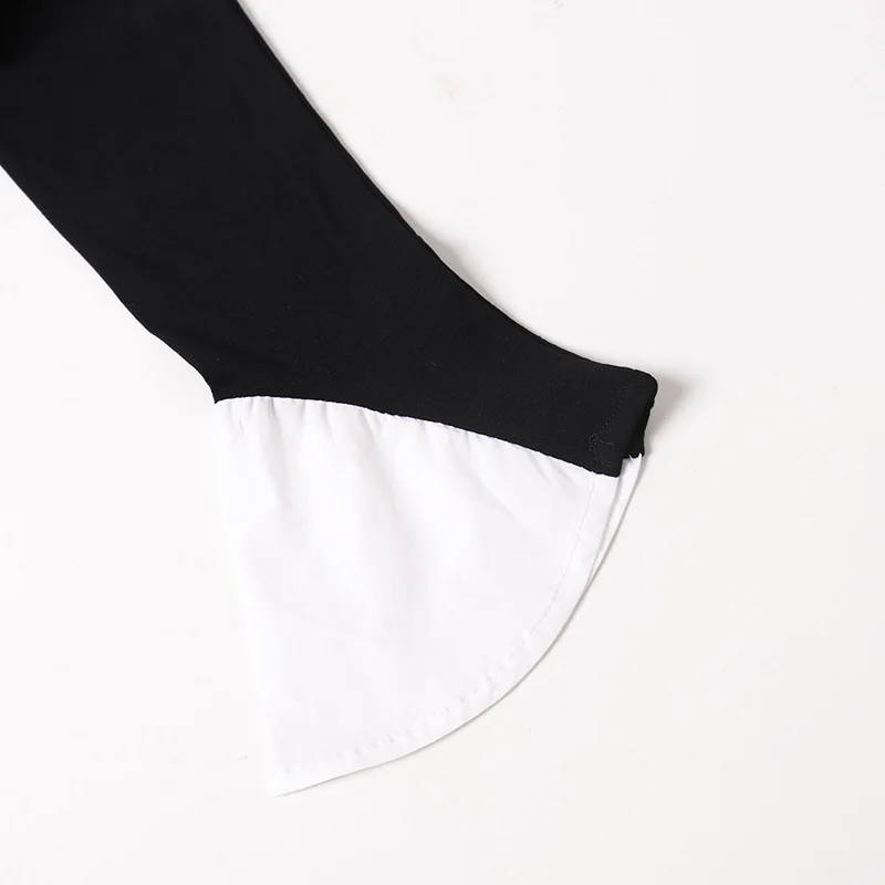 

LJCUIYAO T Shirt Women Cotton Elastic Basic T-shirts Female Casual Tops Female Tshirt Patchwork Long Flare Sleeve Split Tops