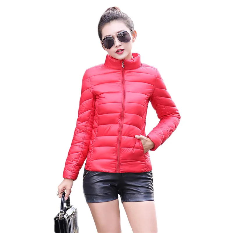 

Winter jacket women red plus size light thin stand collar down cotton coat 20 Korean short slim long sleeve parka feminina LR803