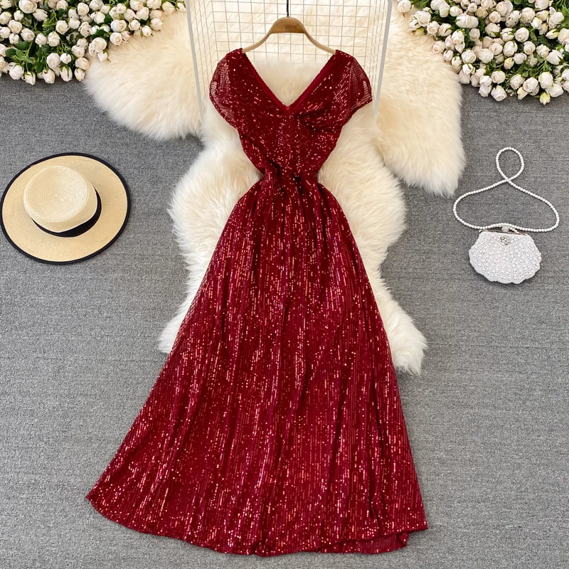 

Sequin Evening Dress Ladies Elegant Luxury V-neck Long Host Performance Party Dress Women High Waist Long Prom Shiny Dress Red