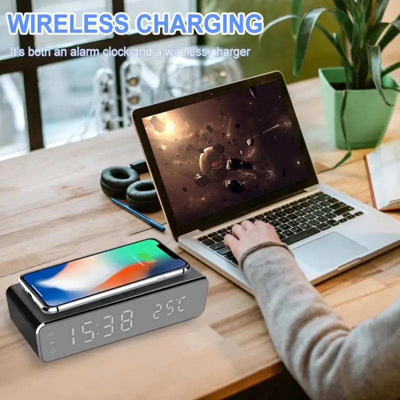 Electric LED Alarm Clock with Wireless Phone Charger and Digital Thermometer - HD Mirror Clock with Date and 12/24 Hour Switch image 4