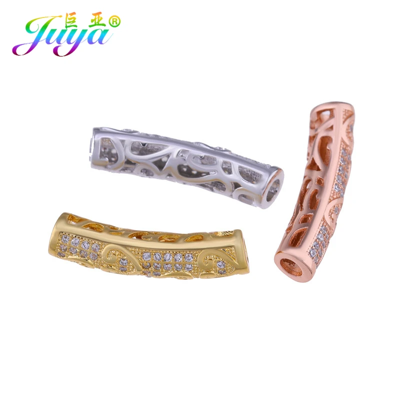 Juya DIY золотые/серебряные/розовые золотые разделительные бусины, поставки, микро проложенные циркониевые изогнутые трубчатые бусины для изготовления ювелирных изделий из натурального камня и жемчуга