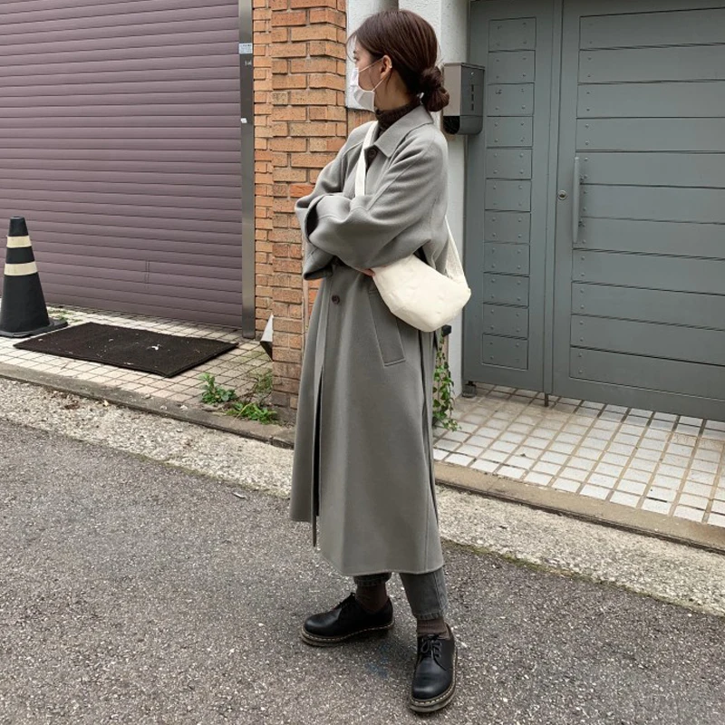 

Snordic Women Autumn Winter Vintage Elegant Gray Long Wool Coat Jacket Belt Loose Woolen Overcoat Outerwear Cardigan