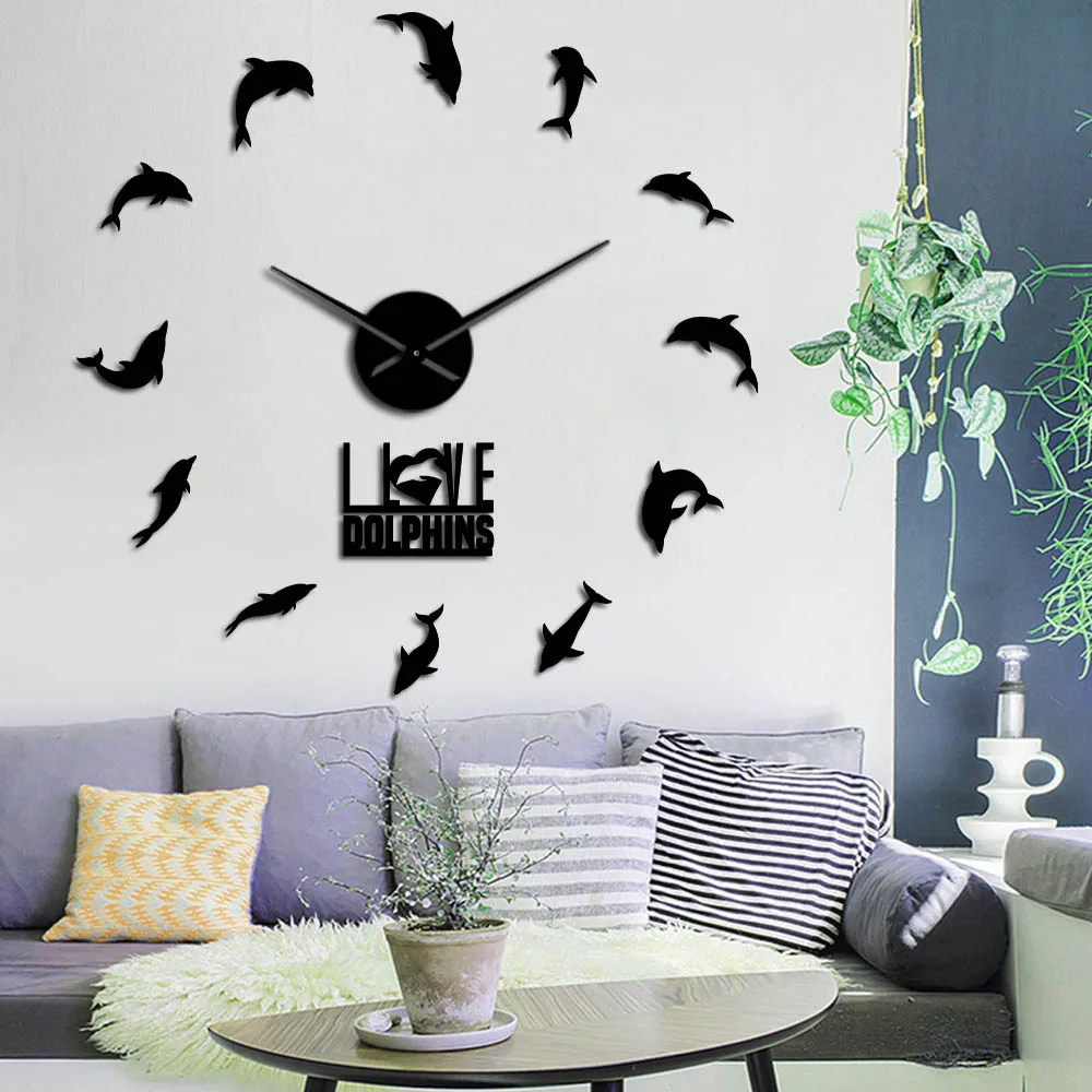 Jumping Dolphins DIY Large Mute Wall Clock Underwater Sea Animal I Love Dolphins Wall Art Stickers Decor Frameless Giant Watch