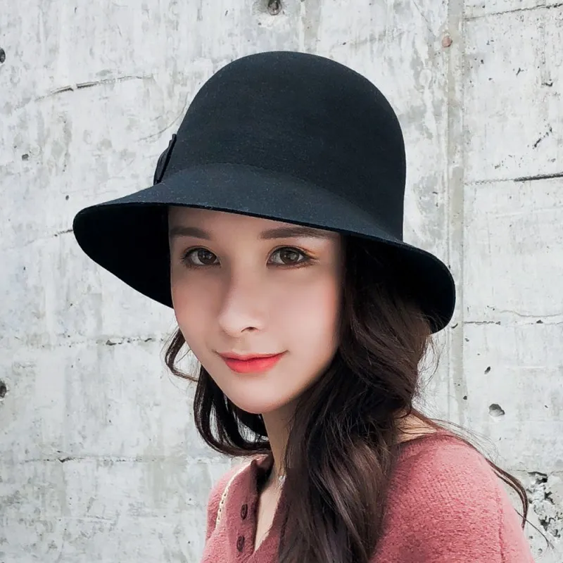 Винтажная Черная Женская Дамская Шляпка колокольчиком шляпа котелок с широкими