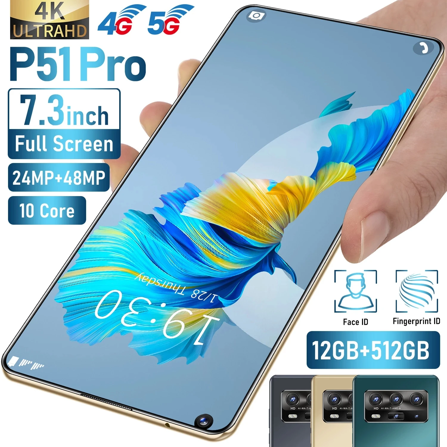 

2021 Newest P51 Pro Mobile Phone dual-SIM dual standby Android 10.0 12GB 512GB 5600mAh Face Unlock Global Smart Cellphone Huawe