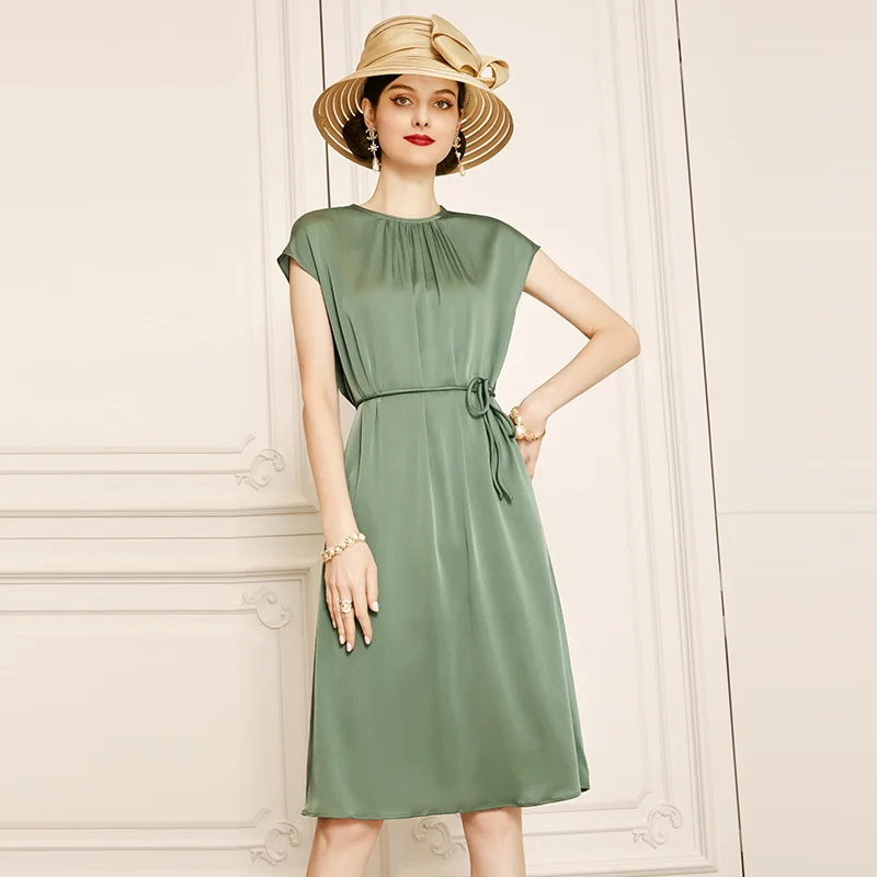 

SHZQ Green Silk Dress 2021 New Summer Round Neck Short Sleeve Fashion Mulberry Silk Skirt Children's Thin Style