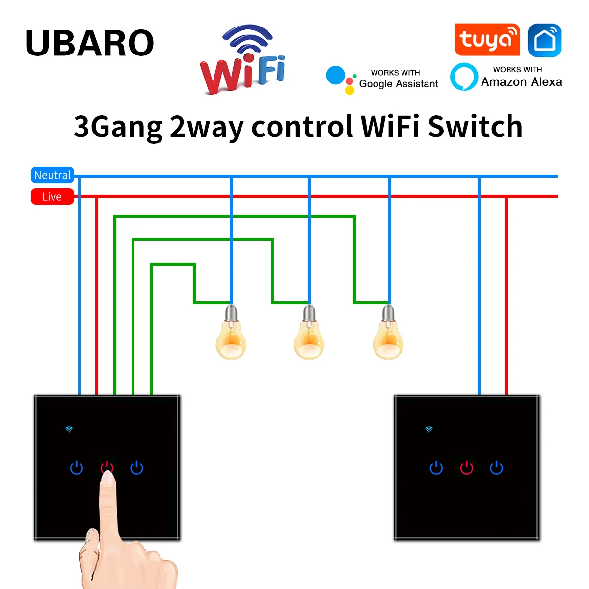 UBARO EU Standard Wifi Smart Stair Touch Switch Luxury Glass Panel Toggle Button App Control Voice Alexa Google Home 1Gang 2 Way