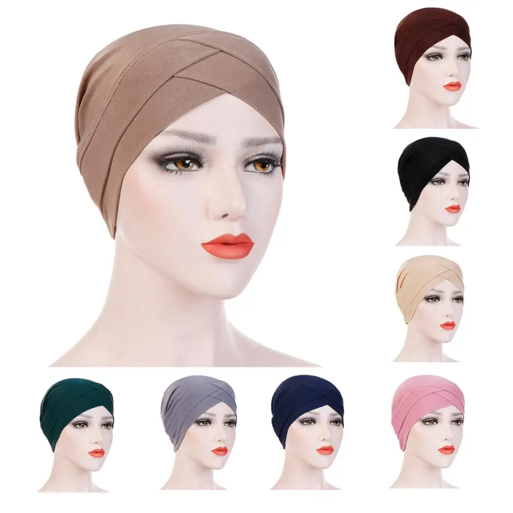 

2021 Full Cover Inner Hijab Caps Muslim stretch Turban cap Islamic Underscarf Bonnet Solid color Under Scarf caps turbante mujer