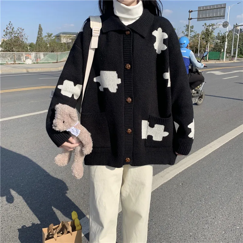 

Japanese Winter New Sweet Refresh Preppy Style Sweaters Puzzle Pattern Keep Warm Knitting Cardigan Lazy Pocket Casual Sweater