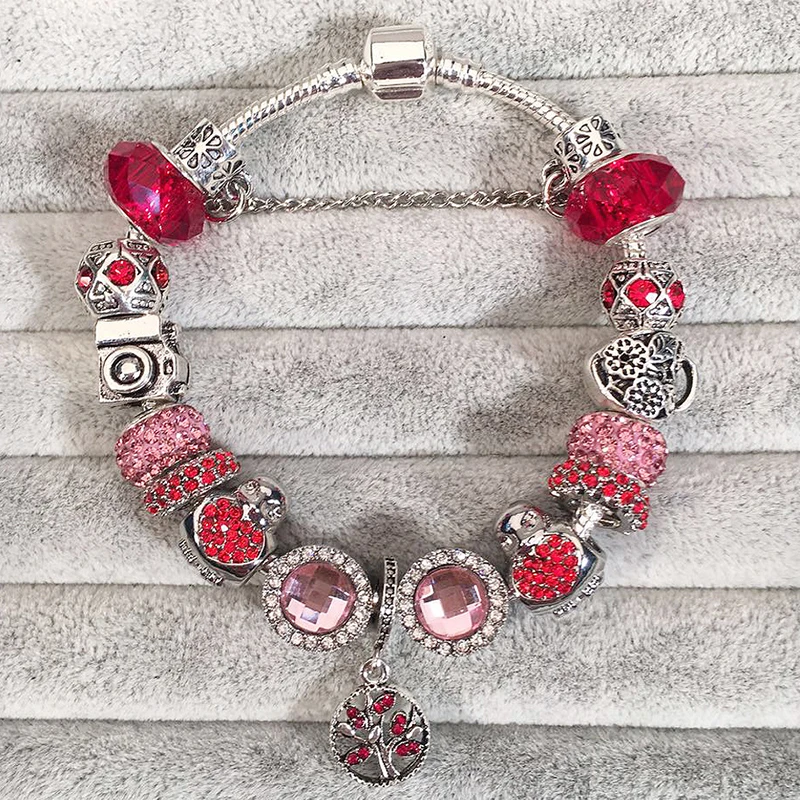 Модные женские браслеты с подвесками розовыми/красными/синими кристаллами