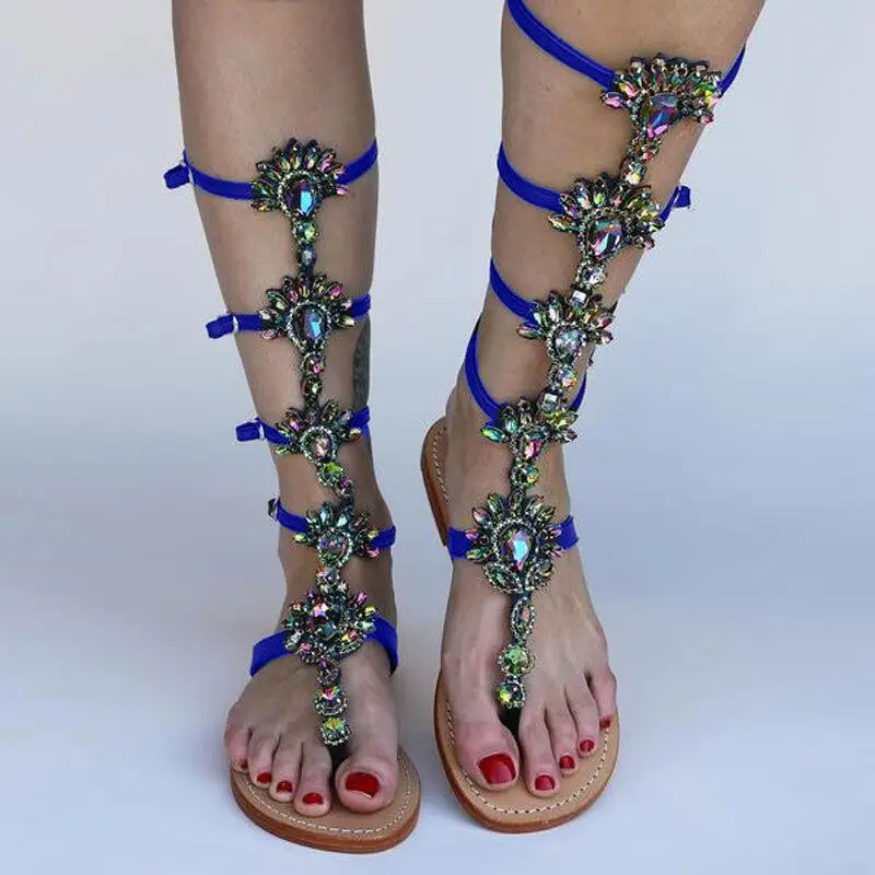 

Woman Bohemia Sandal Boots Rhinestone Lady Knee High Boots Thin High Heels Stiletto Crystal Dress Summer Shoes Sandalias