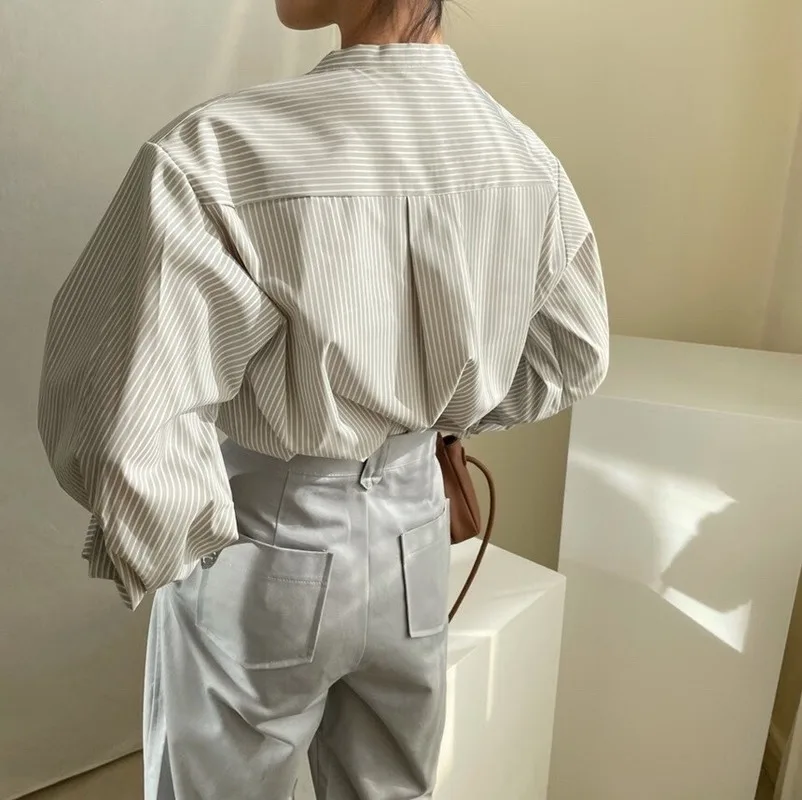 

Women's Oversized Minimalist Shirts Striped Stand Collar Single Breasted Lantern Sleeves Women Blouses Autumn Spring 2021