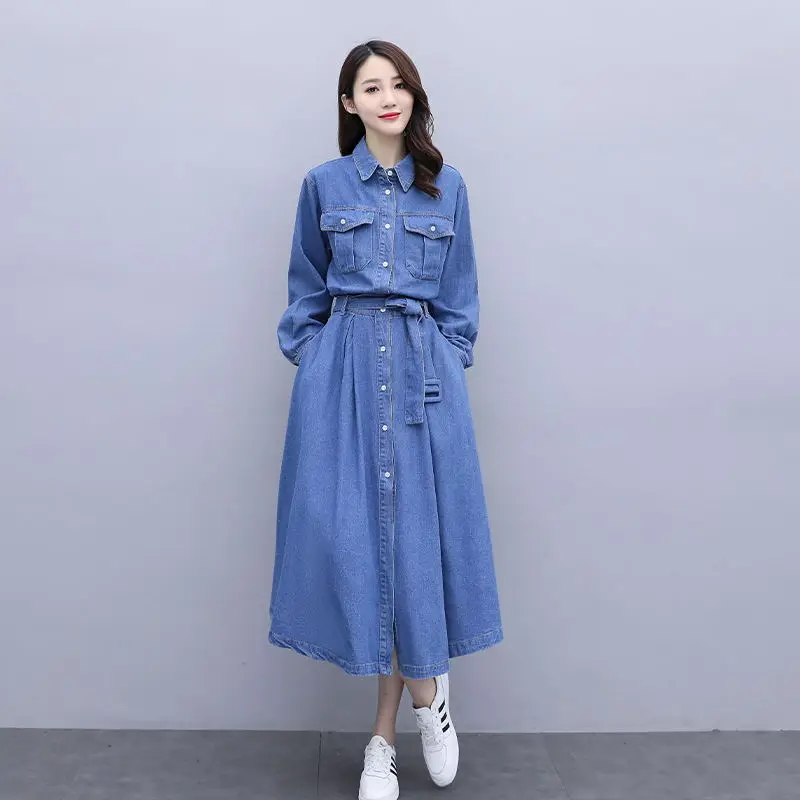 

Women Long Denim Dress Spring Autumn 2021 New Fashion Lacing Blue Dresses Long-sleeve Adjustable Waist Loose Cotton Dress Female