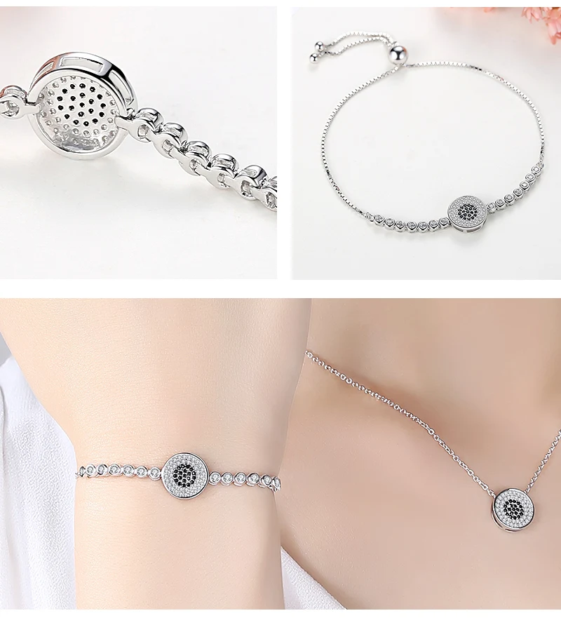 KALETINE 925 пробы серебряные теннисные браслеты для женщин бусины Lucky Black CZ Big Evil Eyes браслет Шарм для мужчин розовое золото ювелирные изделия