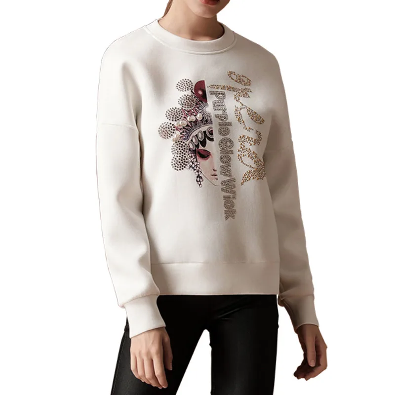 

XUXI Autumn 2020 Women New Long Sleeve Cotton Sweater Fashion Casual Korean Facebook Printing Hot Drilling Loose Tops FZ3346