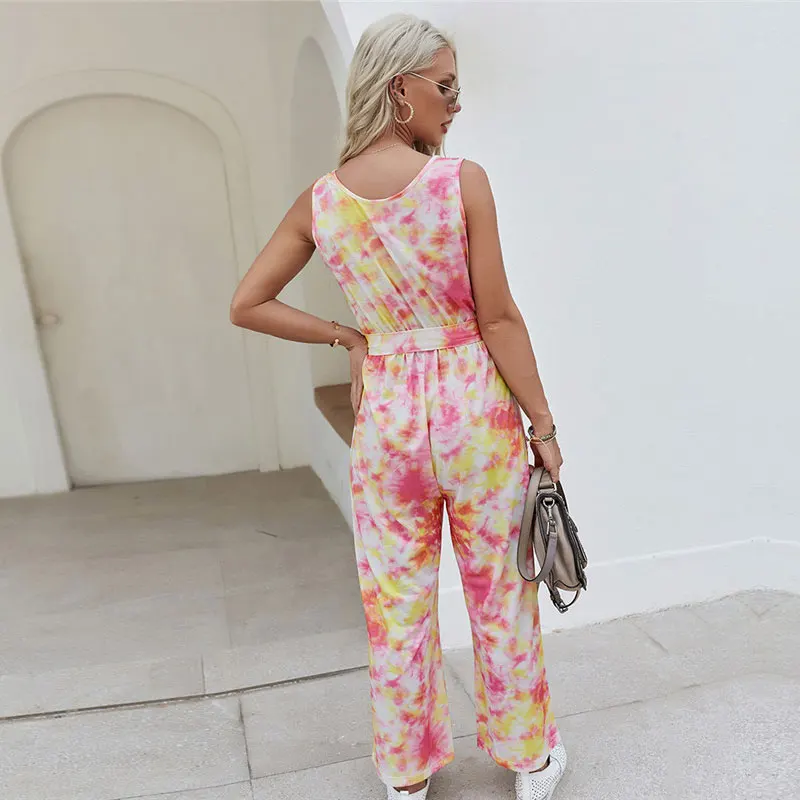 

Spring New Tie-dye Print Jumpsuits Women Casual Cosy Sleeveless Button High Wasit Bandage Tank Jumpsuits